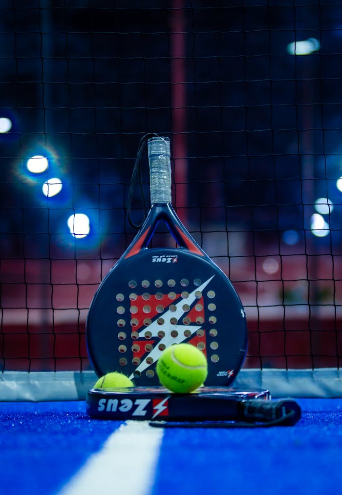 A padel racket and yellow balls placed on a vibrant blue padel court, perfect for sports enthusiasts.